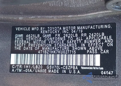 2019 Toyota Camry Xse V6 z USA, uszkodzony, nr VIN 4T1BZ1HK7KU027715